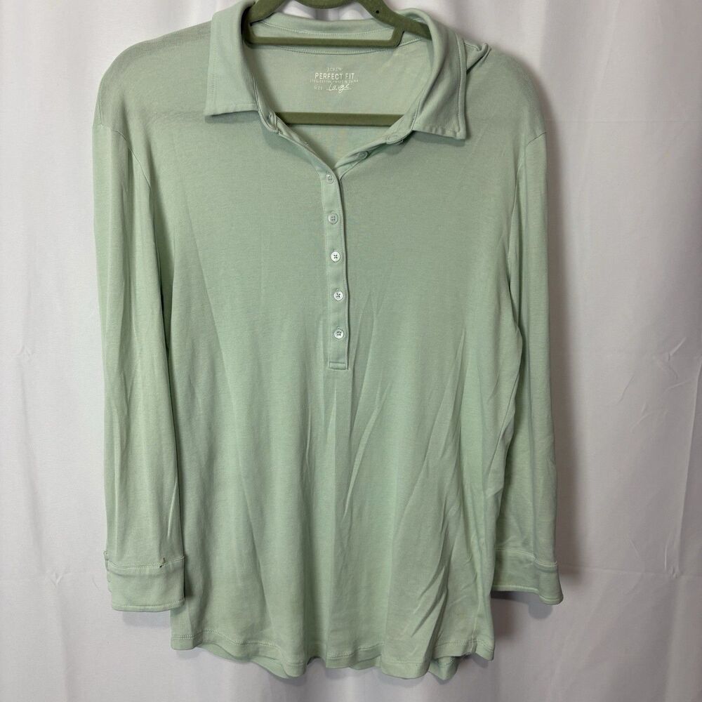 J. Crew Women’s Long Sleeve Polo Perfect Fit Mint Green Large Classic Preppy